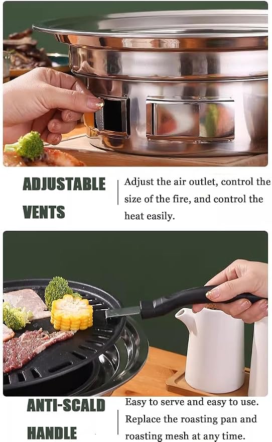 Korean Charcoal Grill 13.8 Inches Stainless Steel Tabletop BBQ Grill Stove Outdoor Camping Cooker, Tabletop Smoker Grill BBQ Grill for Patio Garden Backyard