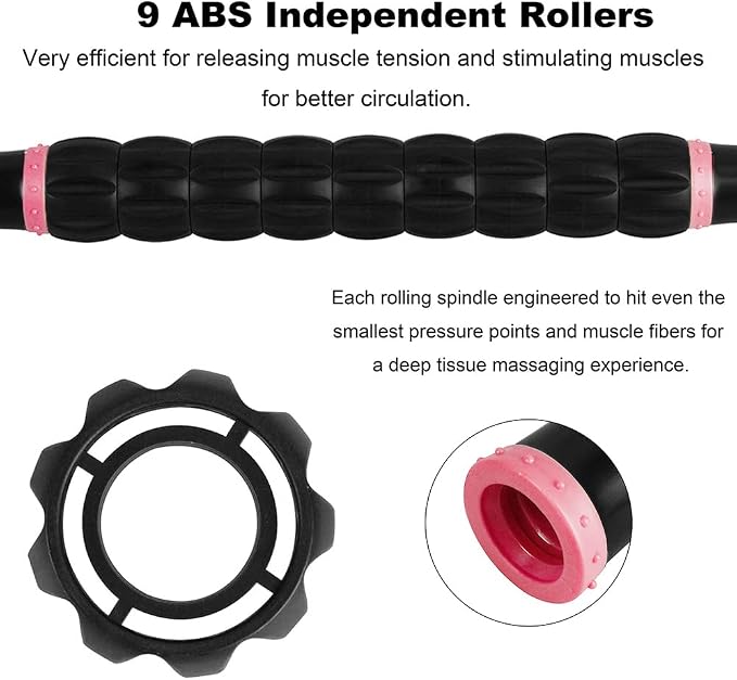 YANSYI Professional 9-Roller Deep Tissue Massage Stick - Portable Muscle Recovery Roller for Athletes, Relieves Post-Workout Soreness & Leg/Back Pain - Portable Physio Tool (Pink)