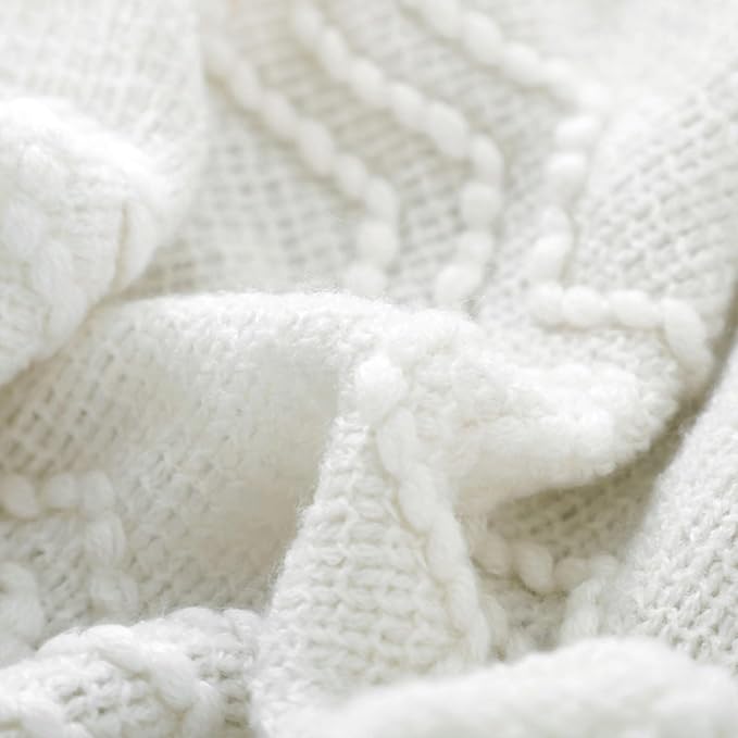 BOURINA Off White Throw Blanket 50x60Inch Boho Knit Soft Throw Sofa Blanket | Knitted Throw Blanket 50x60 Inches, Soft Lightweight Boho Weave Throw Decorative Couch Blanket for Living Room Bedroom Chair