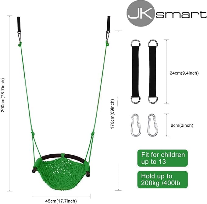 JKsmart Swing Seat for Kids Heavy Duty Rope Play Secure Children Swing Set,Perfect for Indoor,Outdoor,Playground,Home,Tree,with Snap Hooks and Swing Straps,440 lbs Capacity,Green