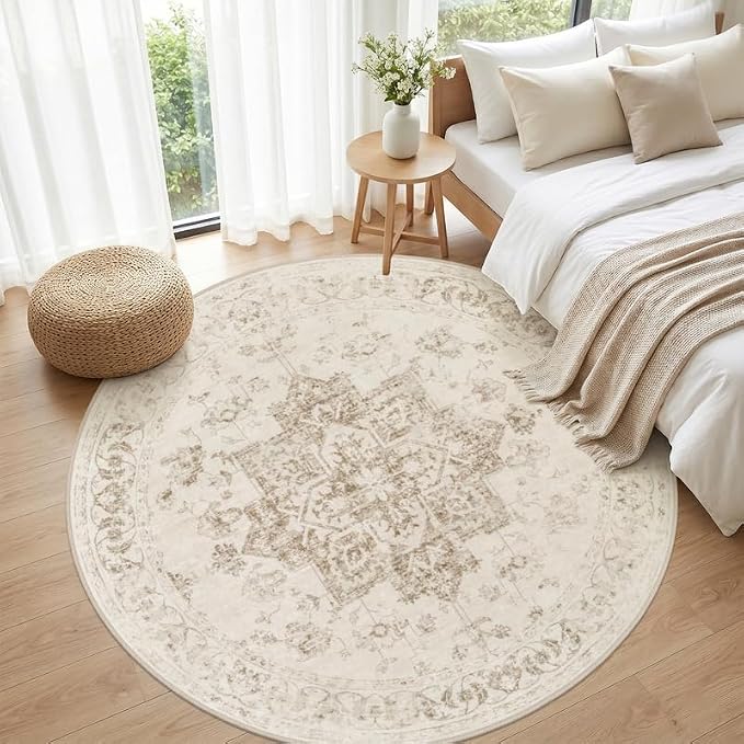 Round Area Rug for Living Room: 8ft Vintage Boho Neutral Washable Circle Rug Soft Large Circular Carpet for Bedroom Nursery Farmhouse Dining Room Office Floor Non-Slip Low Pile Under Table Beige/Ivory