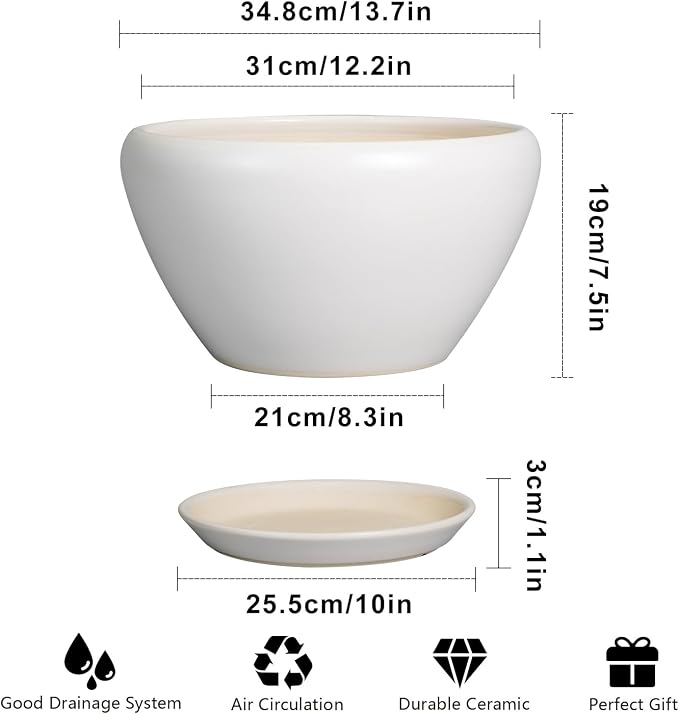 Ceramicfor Planter for Indoor Plants 13 Inch - Ceramic Plant Pot with Drainage Hole and Saucer Decorative Round Large Planter Pot for Plants Outdoor Flower Pot for Room Decor White