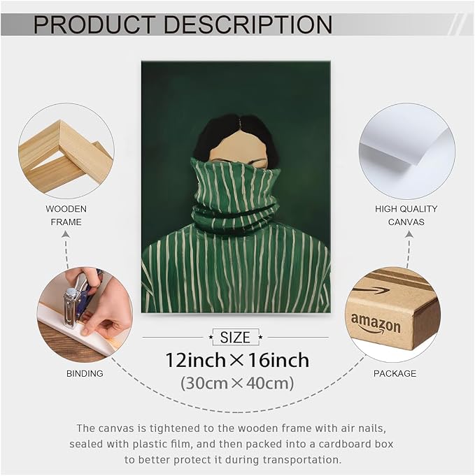 Emerald Green Feminine People Wall Art Retro Abstract Stripe Poster Funky Minimalist Eclectic Canvas Prints 12X16 inch Framed for Bedroom Apartment Dorm Wall Decor