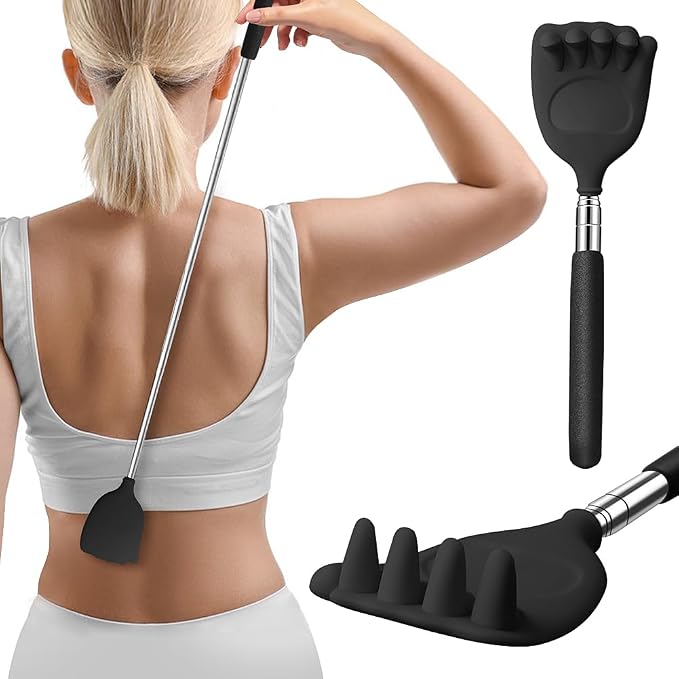 Back Scratcher Extendable Silicone Bear Claw Manual Massager Tool Telescoping Stocking Stuffers Black for Itches Lotion Application Spa Men Women Kids Adults Baby the Disabled