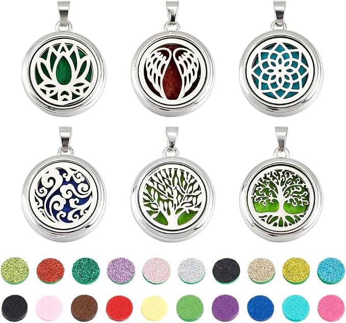 PH PandaHall 6 Styles Essential Oil Diffuser Pendants 6pcs Tree of Life Stainless Steel Pendants Aromatherapy Locket Jewelry Charms with 20pcs Refill Pad for Women Mom Gift Bracelet Necklace Making