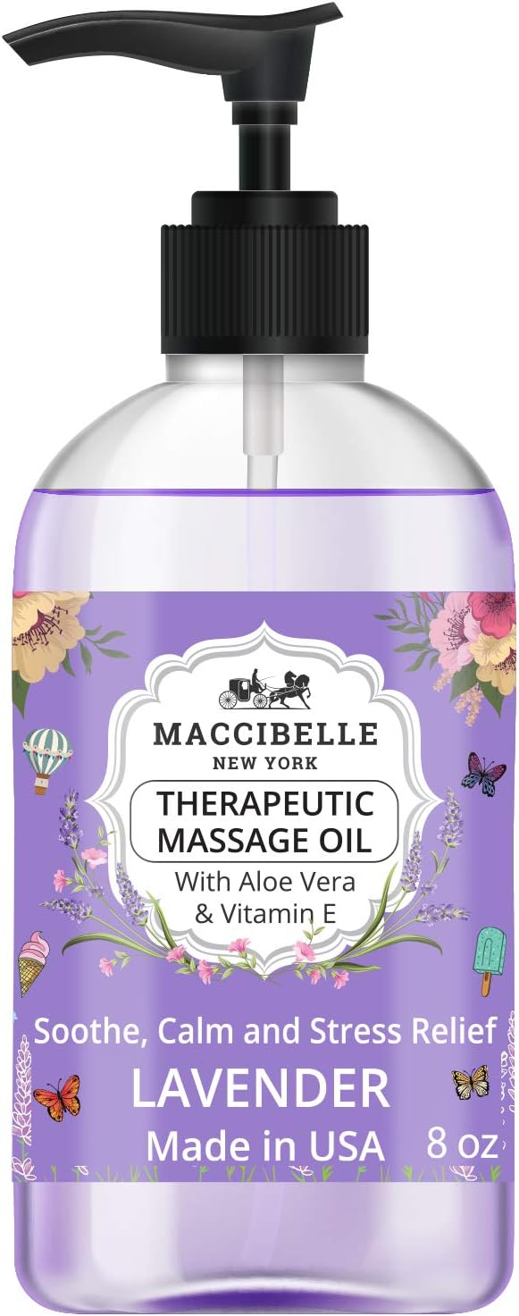 Lavender Massage Oil for Couples Therapeutic Massage with Vitamin E and Aloe Vera a for Soothing, Calming and Muscle Relief 8 oz (Lavender)