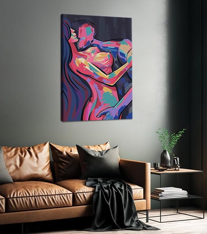 Yeesjoee Abstract Adults Sex Wall Art Sexy Couple Body HD Print Nude Lovers Kissing Colorful Naked Picture Canvas Paintings Woman and Man Modern Home Decor for Bedroom College Dorm, 24x36 in Framed