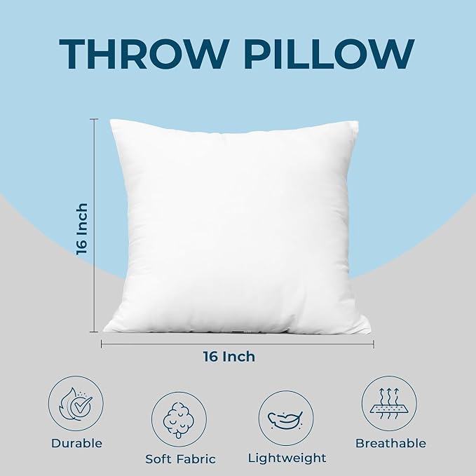 Utopia Bedding Throw Pillows, 16x16 Pillow Inserts, Pack of 1, White | Down Alternative Throw Pillow Inserts, Couch Pillows for Indoor Decor, Plush & Supportive, Decorative Cushion for Sofa, White