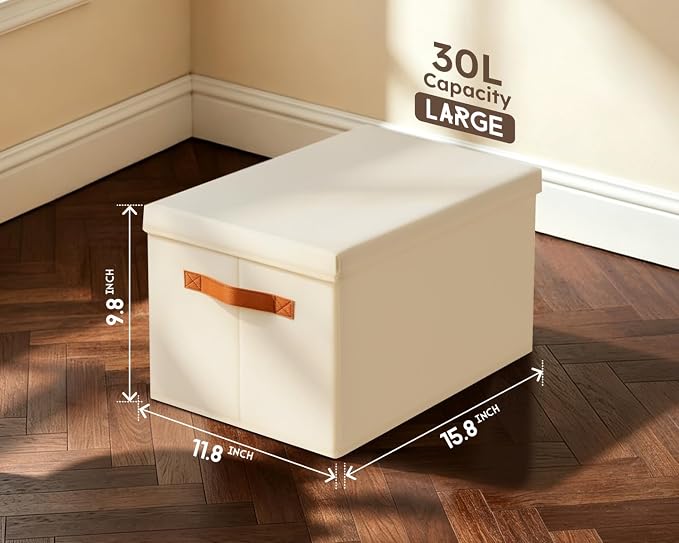 Storage Bins with Lids - Large Fabric Closet Bins with Lid, 5 Pack Clothes Organizers and Storage, Collapsible Stackable Cube Basket for Home, Office, Dorm, Beige
