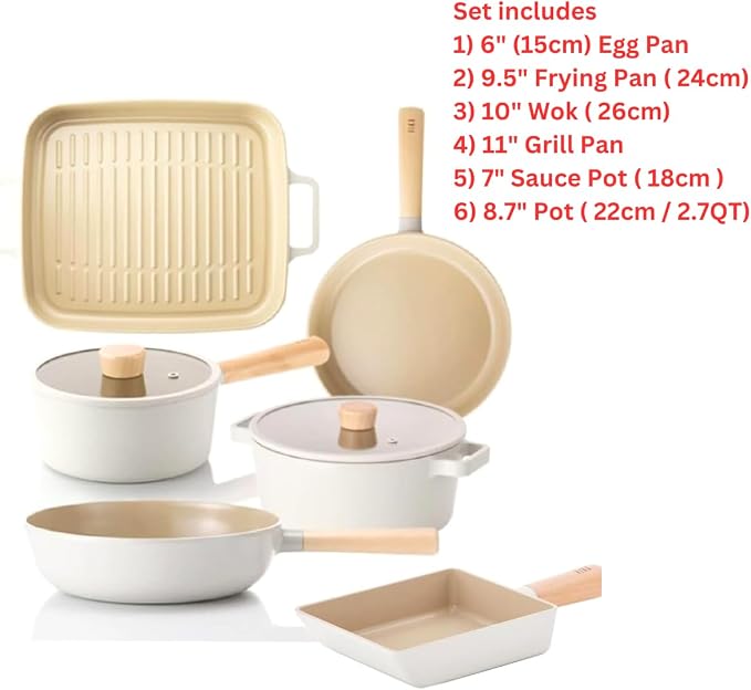 FIKA Kitchen Essential 8-Piece Cookware Set, Nonstick Ceramic Coating Pan, BBQ Grill, Pot with Lid, Induction, Made in Korea