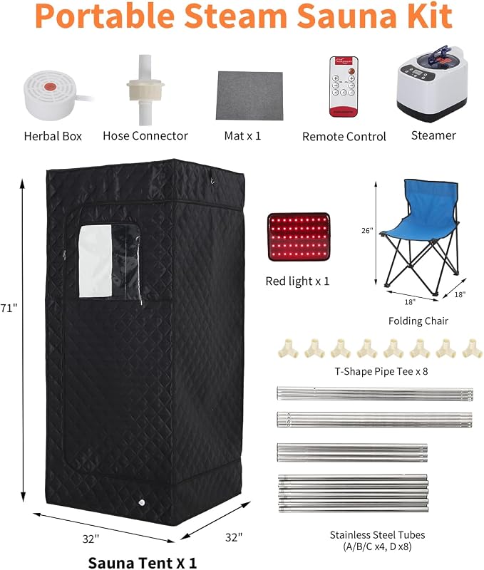 Garvee Infrared Sauna, Portable Sauna for Home with 3L 1200W Steamer, Folding Chair, Remote Control, 9 Temp Levels & 99 Min Timer, 32" x 32" x 71", Black