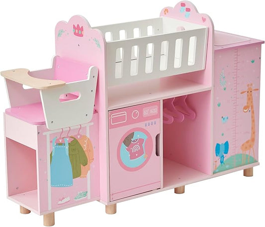Olivia's Little World Amanda 6-in-1 Wooden Doll Nursery Station with Rocking Cradle, High Chair, Storage, Washing Machine and Sink - for 3 yrs and up, Pretend Play House, Daycare - Pink/Multi