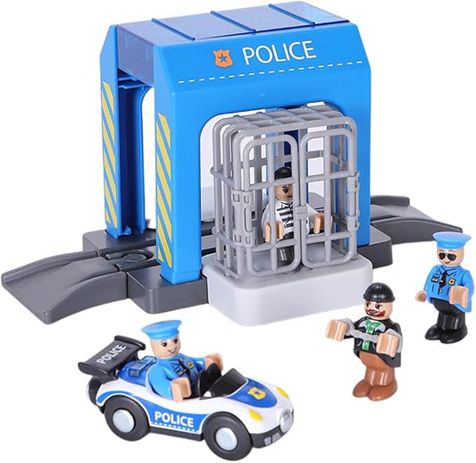 Police Station Playset Toy,Building City Police Scenes Train Set Compatible with All Wooden Train Tracks,Educational Train Accessory Toys for Boys and Kids (Assembly Required)