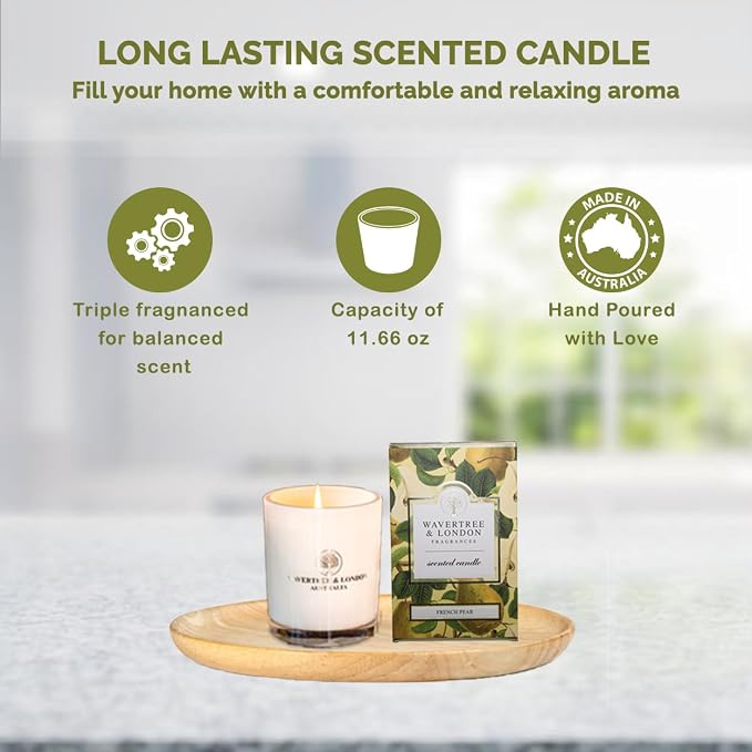 Wavertree & London Organic French Pear Scent Soy Wax Candle | Non Toxic 100% Cotton Wick Triple Scented Pure Natural Soy Wax Candles, Hand Poured in Australia | 60 Hours Burning Time, 11.66 Oz