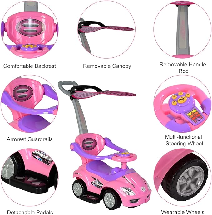 ChromeWheels Push Cars for Toddlers, 3 in 1 Ride on Push Car with Removable Canopy, Ride on Toys Mega Car w/Handle & Horn & Music, Pink