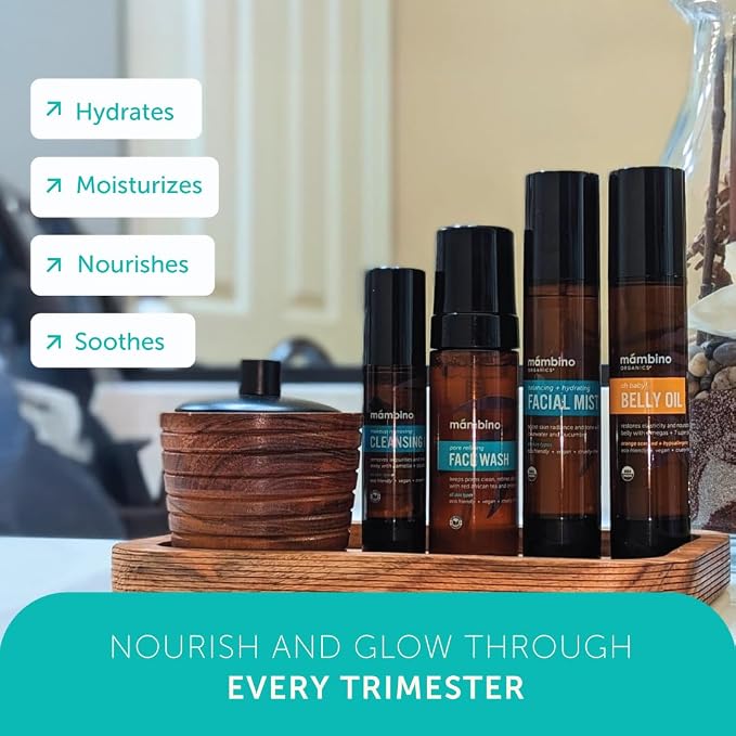 Mambino Organics Third Trimester Skincare Set, Pregnancy Skin Care Kit with Belly Oil, Rose Facial Mist, Cleansing Oil, Face Wash + Free Bag