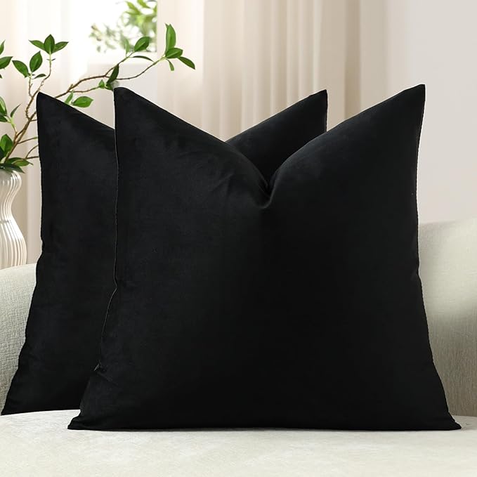 Euro Sham Covers 26x26 Black: Pack of 2 Cozy Soft Velvet Square Modern Luxury Decorative Throw Pillow Cases for Sofa Couch Living Room Bed Home Decor