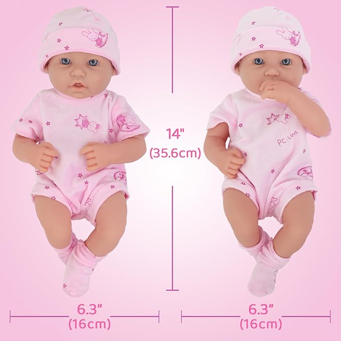 UNICORN ELEMENT 14 Inch Reborn Baby Girl Doll with Baby Doll Clothes and Accessories, Reborn Vinyl Body 14” Dolls Playsets, with Pacifier, Feeding Bottle Etc,Gift for Girls Toddlers 3+