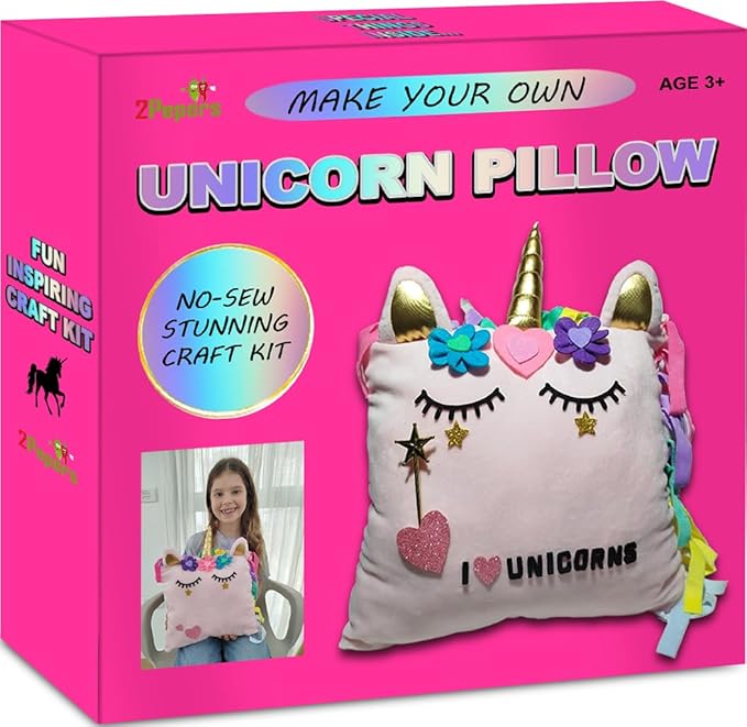Unicorn Pillow Kit Arts and Crafts for Girls 3 4 5 6 7 8 9 10 11 12 Years Old (No Sew), DIY Unicorn Craft Supplies Plush Toy Stuffed Pillow, Best Kids Easter Present for Little Girls