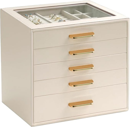 Homeanda Jewelry Boxes Organizer with Glass Lid, 5-Layer PU Leather, Beige | Modern style display case with 5 drawers for daily jewelry, women, mom or girl gift