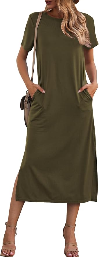 Naggoo Women's Casual T Shirt Midi Dress with Side Slit and Pockets