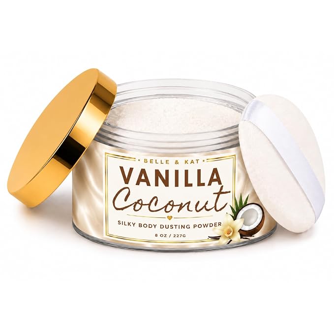 Body Powder for Men & Women Scented Vanilla Coconut, Bath Perfume Dusting Powder with Fragrance & Essential Oils, Talc Free 8oz Large Container with Puff, Made in USA