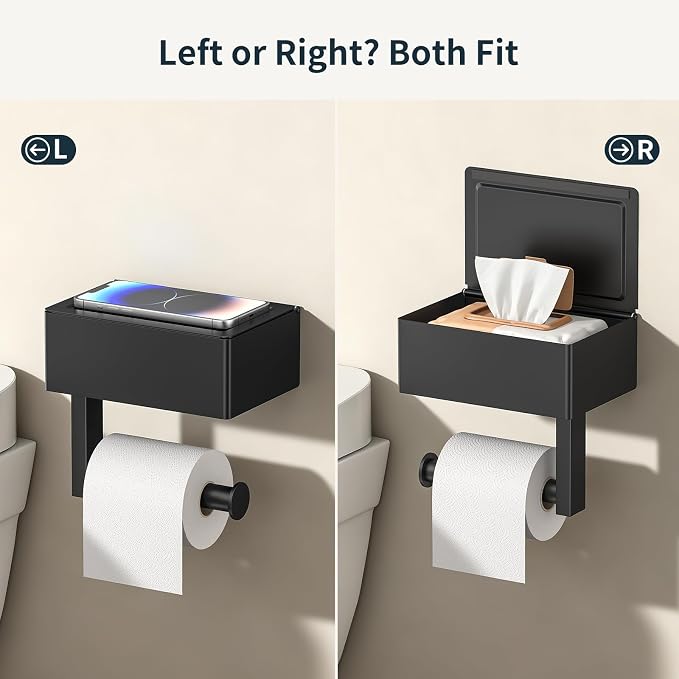 FORIOUS Toilet Paper Holder with Shelf, Sanitary Napkin Receptacle Tampon Holder, Wall Mount Toilet Paper Holder with Storage, Flushable Wipes Dispenser Fits for Bathroom Commercial(Black, 6.5 L) | The smaller, lighter box is not suitable for large wip...
