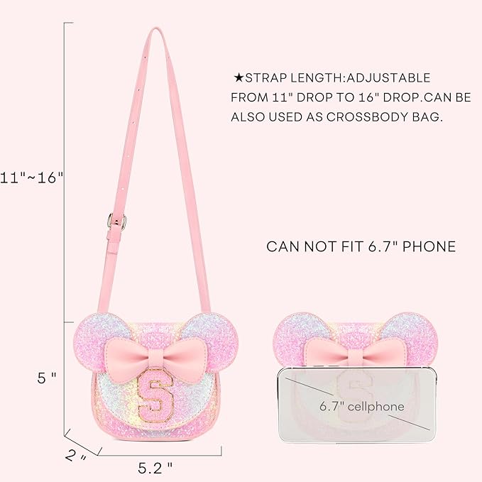 mibasies Toddler Purse Girl Gifts: Girls Birthday Gifts for 3-8 - Toys for Ages 2-4 Girls Mouse Ears Purse, Glitter Rainbow, Letter S