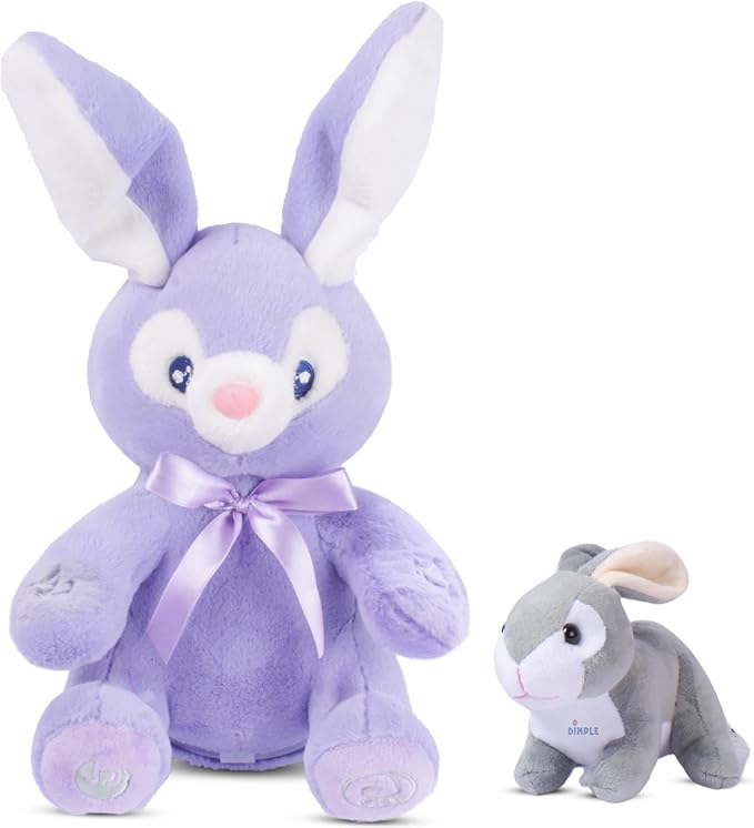 Dimple Bunny Set - Bella Animated Interactive Purple Bunny with Peek-a-Boo Feature and Singing Songs Plus Super-Soft Grey Baby Rabbit Plush - Perfect Baby Plush Toy Gift for Ages 0 and Up