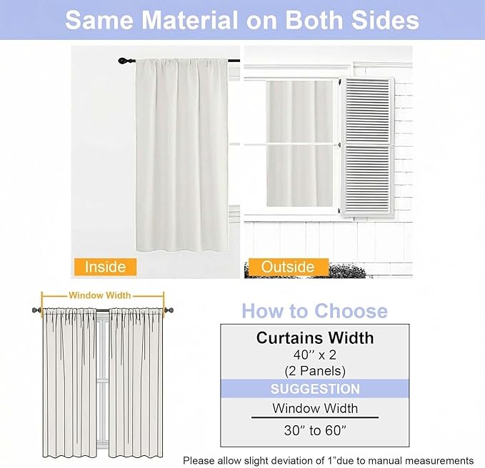 Simplebrand Ava Ivory Short 36 Inches Light Filtering Curtain 2 Panels Set, Half Window Rod Pocket Privacy Curtain Tiers for Kitchen, Curtains Light Filtering for Bathroom, W40 x L36 Inch, Ivory