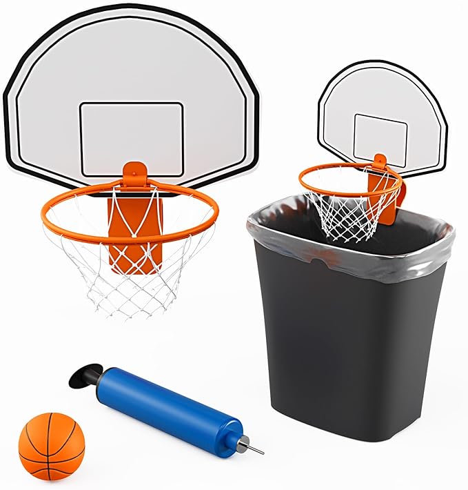 Mini Basketball Trash Can Hoop Set – Clip-On Hoop with Backboard, Inflatable Ball & Pump – Indoor Office Desk or Dorm Game for Kids & Adults, Fun Gift Idea for Home or Work