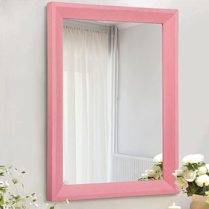 AAZZKANG Rectangle Mirror with Wood Frame Modern Farmhouse Wall Mirrors Decor Large 26"x18" for Bedroom Bathroom Living Room Pink