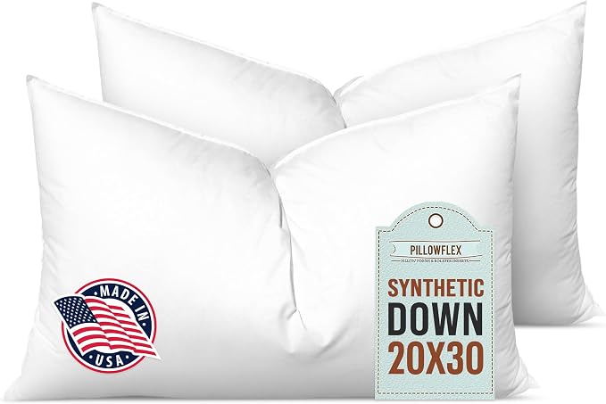 Pillowflex Synthetic Down Pillow Insert 20x30 in - Karate Chop Pillow | Set of 2 - Large Rectangle Sham Forms, Plush Polyester Cotton Blend, Cloud-Like Comfort, Clump-Resistant Fill, Smooth Finish
