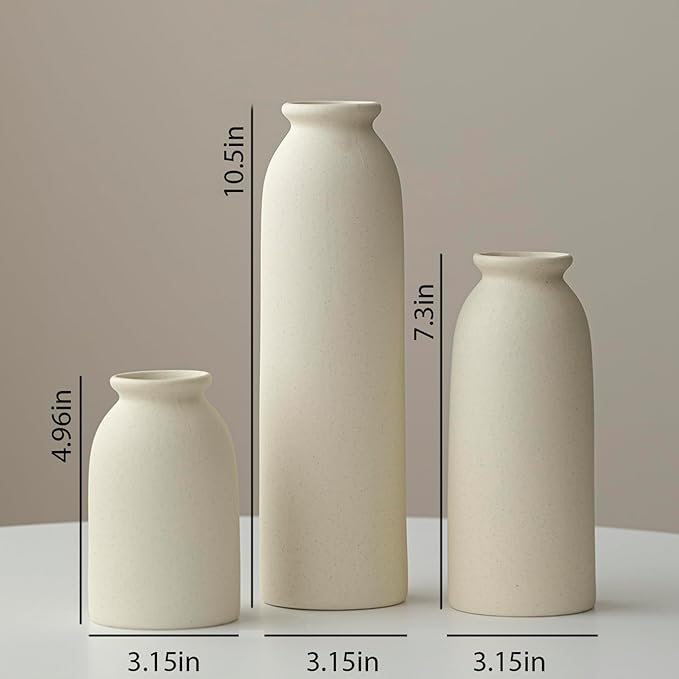10.4 inches Tall Decorative Ceramic Vase Set, 3 Pieces, 10 inches Nordic Modern Style, White, Farmhouse Home Boho Shelf Decor(Beige L)