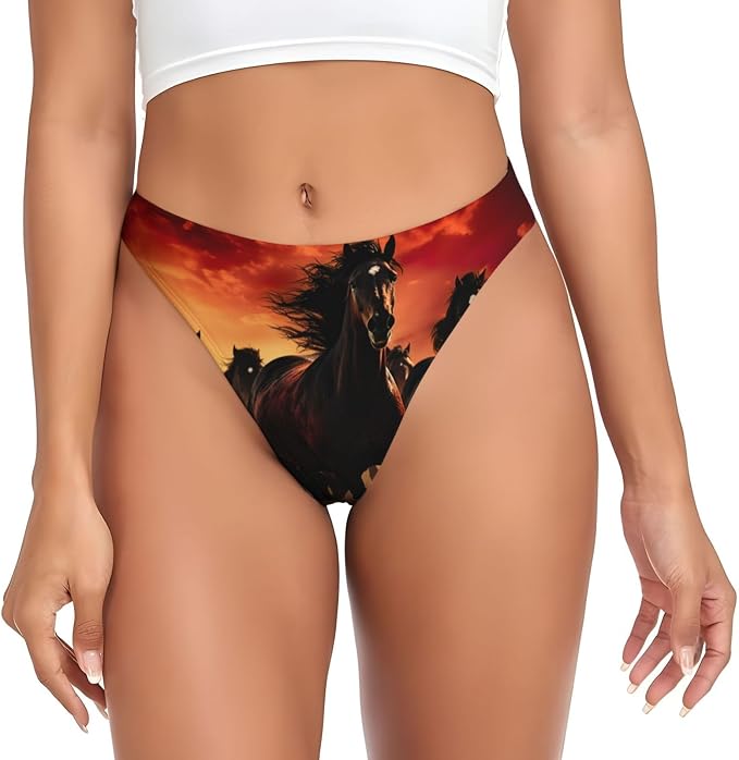 Womens Black Horses Print Seamless G-String Thongs No Show Thong Panty Liners Workout Underwear