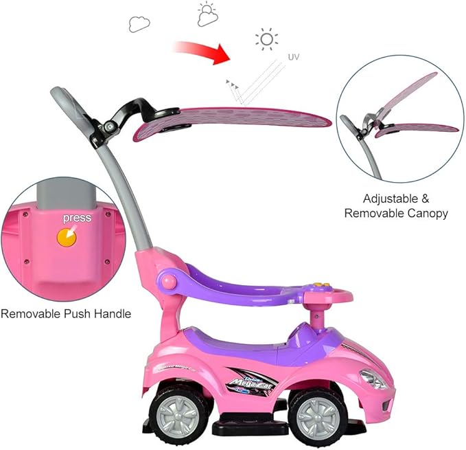 ChromeWheels Push Cars for Toddlers, 3 in 1 Ride on Push Car with Removable Canopy, Ride on Toys Mega Car w/Handle & Horn & Music, Pink
