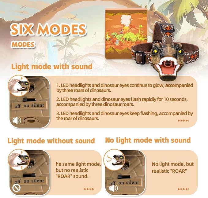 LED Dinosaur Headlamp for Kids, Children's Toy Flashlight T-Rex Dinosaur Toys for Age 3 4 5 6 7 8 9 Years Old Kids, Camping Hiking Gear for Boys(Brown)