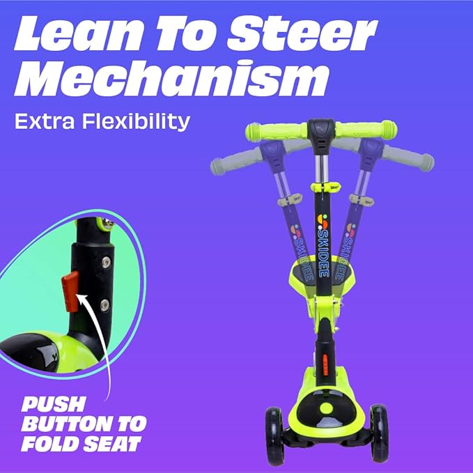 SKIDEE Kick Scooter for Kids Foldable 3 Wheel Scooter with Lean-to-Steer, Adjustable Height, Removable Seat & LED Light Wheels | Toddler Scooter Up to 12 Year Old Boys/Girls