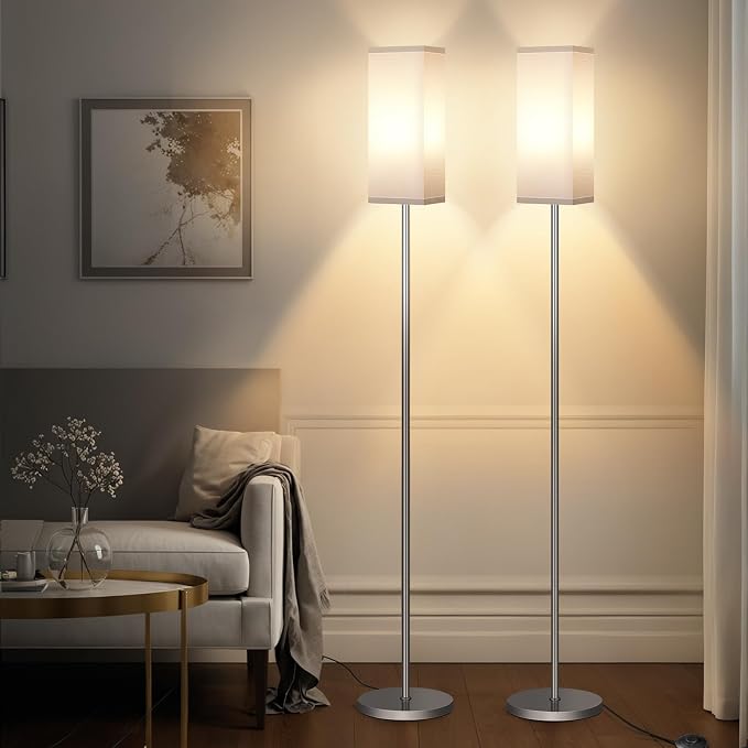 2Pack Floor Lamp, Pole with Foot Switch, Modern Standing Lamp Lamp, Minimalist Freestanding Lamp (Bulb Not Included), for Living Room, Bedroom Office ETL Listed, Silver and White,SCW07LDP205