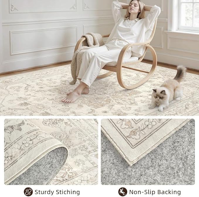 Machine Washable Area Rugs 2x3: Vintage Boho Neutral Washable Rug Indoor Soft Small Entryway Throw Carpet for Living Room Bedroom Kitchen Laundry Floor Non-Slip Low Pile Entrance Rug Beige White