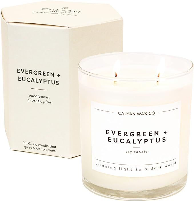 Calyan Wax Co. Evergreen & Eucalyptus 2 Wick Scented Candle - 37 Hour Burn - Luxury Clean Soy Wax Candles - Long Lasting Large Glass Jar Candle for Home - 8.8oz