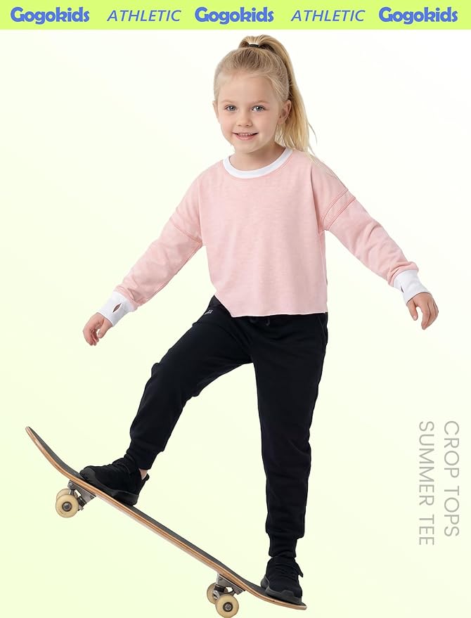 Gogokids Girls Shirts Long Sleeve Athletic Shirts Open Back Tops Active Sports Tshirts Yoga Workout Crop Tees 5-14 Years
