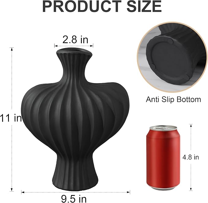 Ceramic Flower Vase Home Decor, 11 in Farmhouse Table Vases Rustic Vintage Living Room Kitchen Bedroom Decorations Pottery Decorative Vases for Flowers House Shelf Coffee Desk Dining Fireplace, Black