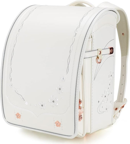IwaiLoft Ransel Randoseru Backpack Automatic Satchel Japanese School Bag Cherry Blossom Sakura Embroidery PU Bookbag for Girls (White)