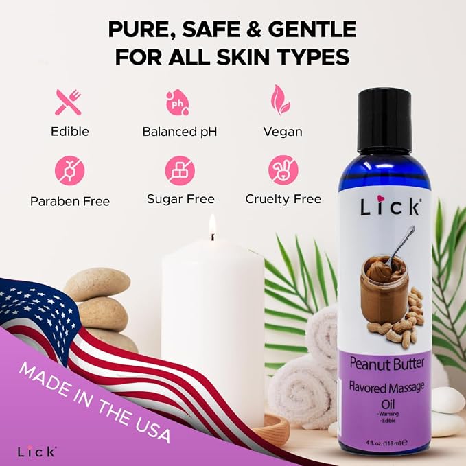 Lick Peanut Butter Flavored Massage Oil – Creamy Dessert-Inspired Edible Massage Oil with Vitamin E, Rich Smooth Texture for Fun Couples Massage Experiences, 4 oz