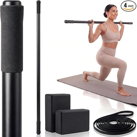 4 Pcs Adjustable Yoga Stick (30/45/60 In) with Exercise Strap Yoga Blocks Exercise Rod Workout Staff 60 Inch Sturdy Carbon Steel Stretching Stick with Non Slip Ends for Physical Pilates