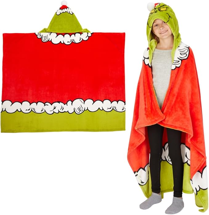 Franco Dr. Seuss The Grinch Holiday Christmas Kids Bedding Soft Cozy Hooded Throw Blanket, 40 in x 50 in, (Officially Licensed Product)