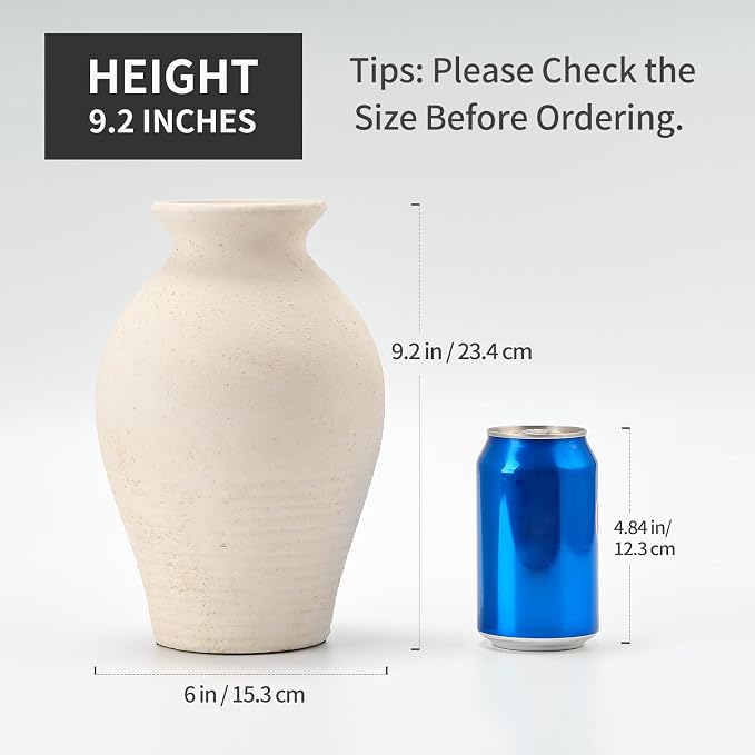 Ceramic Rustic Farmhouse Vase, 9.2 inch Whitewashed Terracotta Vase | Ceramic Vintage Flower Vases,Table Decorative Vases for Home Decor Table Living Room Shelf Mantel Decoration(Off-White)
