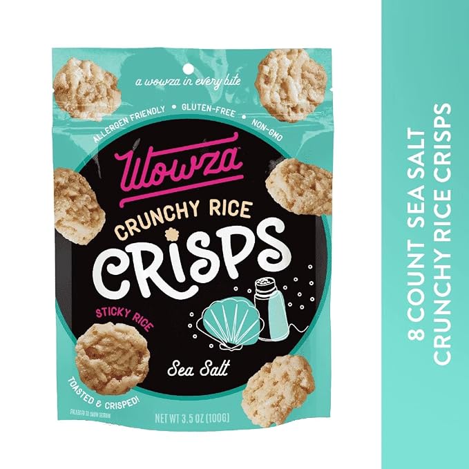 Wowza Sea Salt Crunchy Rice Crisps | Gluten Free Snack, Non-GMO, 8 Pack | Lightly salted, Healthy chip alternative, Kid-friendly, 3.5 oz bags, No artificial flavors, Allergen-friendly, Guilt-free