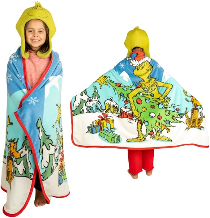 Dr. Seuss The Grinch Costume Holiday and Christmas Kids Super Soft Hooded Throw with Detachable Hat, 50"(L) X 60" (W), (Official Licensed Product) By Franco